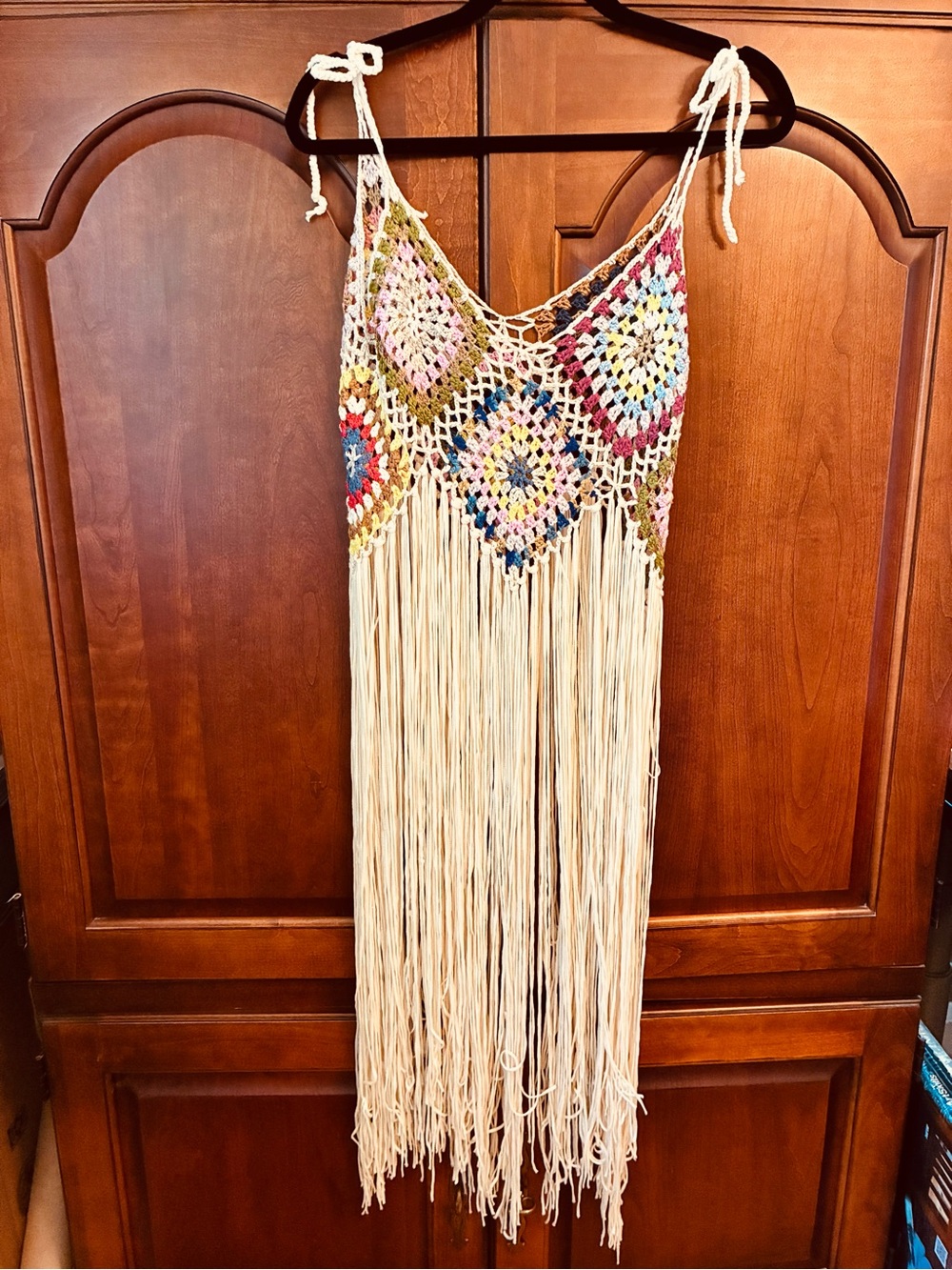 Boho Crochet Granny Square Fringe Top Festival Burning Man Macrame Tank Coverup